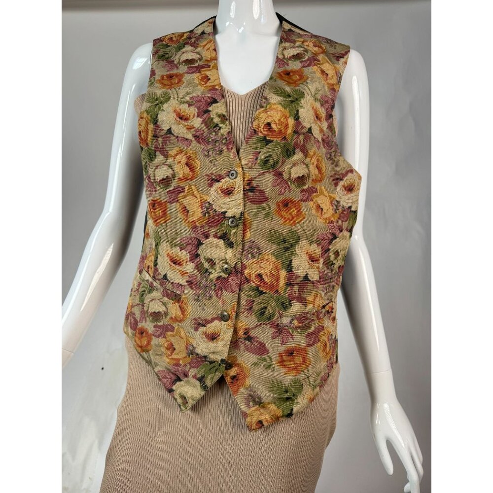 Vintage Floral Tapestry Vest With Button Closure & Sleeveless Design